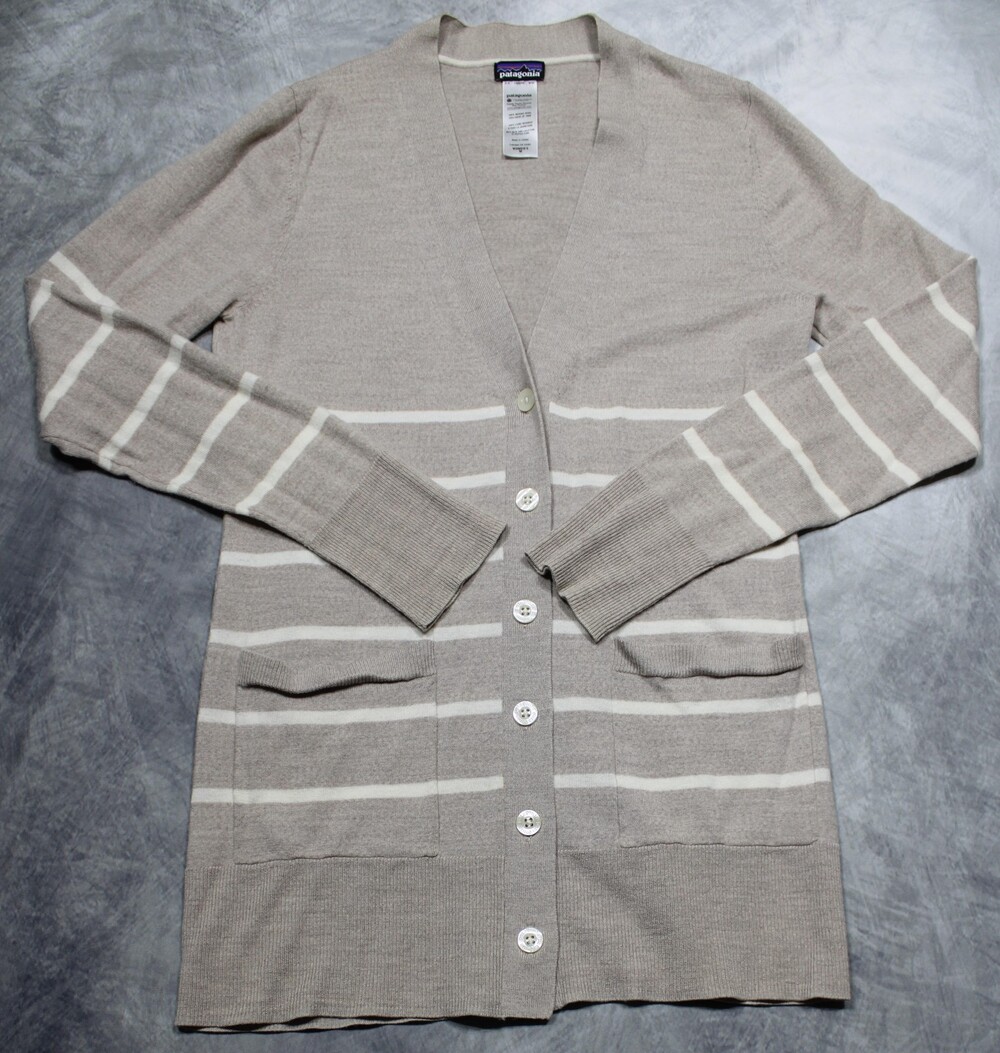 Patagonia Sweater Womens Medium Beige Merino Wool Cardigan Striped